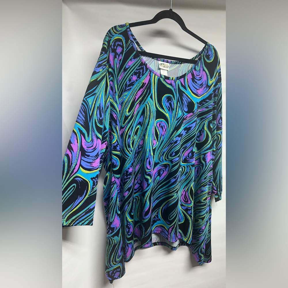 Women's Long Sleeve Abstract Swirl Tunic - Black with Teal & Purple